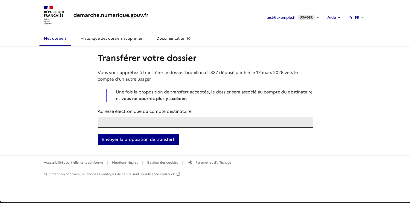 Image illustrant l’interface de transfert de dossier vers un autre compte